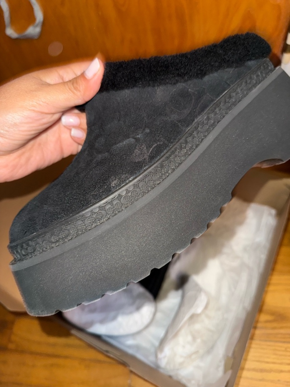 Coach Black Fuzzy Platform Mule